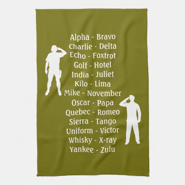 Saluting Army Soldiers Phonetic Alphabet Lesson Tea Towel (Vertical)