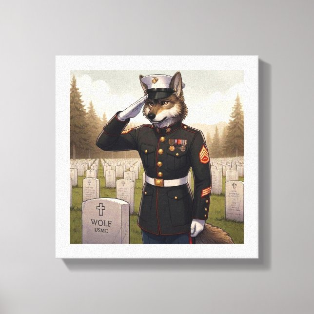 Saluting Marine Corps Wolf  Canvas Print (Front)