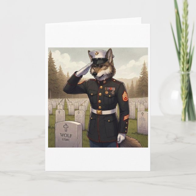 Saluting Marine Corps Wolf  Holiday Card (Front)