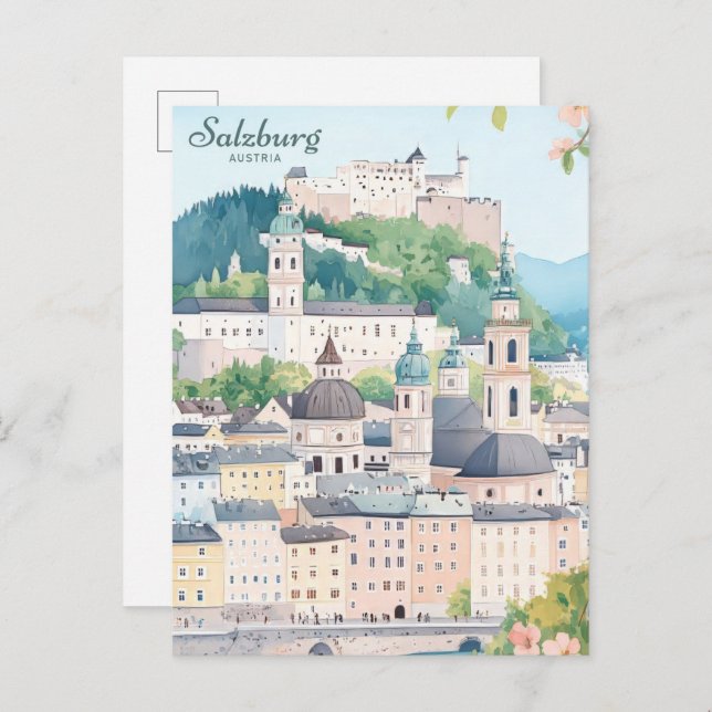 Salzburg Austria Gouache Paint Illustration Travel Postcard (Front/Back)