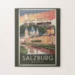 Salzburg Austria Illustration Travel Art Vintage Jigsaw Puzzle<br><div class="desc">Salzburg retro vector travel design. Salzburg is an Austrian city on the border of Germany, with views of the Eastern Alps. The city is divided by the Salzach River, with mediaeval and baroque buildings of the pedestrian Altstadt (Old City) on its left bank, facing the 19th-century Neustadt (New City) on...</div>