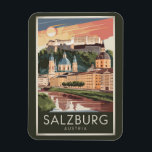 Salzburg Austria Illustration Travel Art Vintage Magnet<br><div class="desc">Salzburg retro vector travel design. Salzburg is an Austrian city on the border of Germany, with views of the Eastern Alps. The city is divided by the Salzach River, with mediaeval and baroque buildings of the pedestrian Altstadt (Old City) on its left bank, facing the 19th-century Neustadt (New City) on...</div>