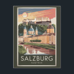Salzburg Austria Illustration Travel Art Vintage Postcard<br><div class="desc">Salzburg retro vector travel design. Salzburg is an Austrian city on the border of Germany, with views of the Eastern Alps. The city is divided by the Salzach River, with mediaeval and baroque buildings of the pedestrian Altstadt (Old City) on its left bank, facing the 19th-century Neustadt (New City) on...</div>