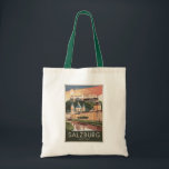 Salzburg Austria Illustration Travel Art Vintage Tote Bag<br><div class="desc">Salzburg retro vector travel design. Salzburg is an Austrian city on the border of Germany, with views of the Eastern Alps. The city is divided by the Salzach River, with mediaeval and baroque buildings of the pedestrian Altstadt (Old City) on its left bank, facing the 19th-century Neustadt (New City) on...</div>