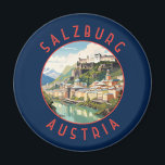 Salzburg Austria Retro Distressed Circle Magnet<br><div class="desc">Salzburg retro vector travel design. Salzburg is an Austrian city on the border of Germany, with views of the Eastern Alps. The city is divided by the Salzach River, with mediaeval and baroque buildings of the pedestrian Altstadt (Old City) on its left bank, facing the 19th-century Neustadt (New City) on...</div>
