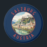 Salzburg Austria Retro Distressed Circle Magnet<br><div class="desc">Salzburg retro vector travel design. Salzburg is an Austrian city on the border of Germany, with views of the Eastern Alps. The city is divided by the Salzach River, with mediaeval and baroque buildings of the pedestrian Altstadt (Old City) on its left bank, facing the 19th-century Neustadt (New City) on...</div>