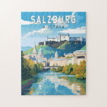 Salzburg Austria Travel Art Vintage Jigsaw Puzzle<br><div class="desc">Salzburg retro vector travel design. Salzburg is an Austrian city on the border of Germany, with views of the Eastern Alps. The city is divided by the Salzach River, with mediaeval and baroque buildings of the pedestrian Altstadt (Old City) on its left bank, facing the 19th-century Neustadt (New City) on...</div>