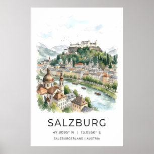 Salzburg Cityscape Print - Watercolor Skyline with