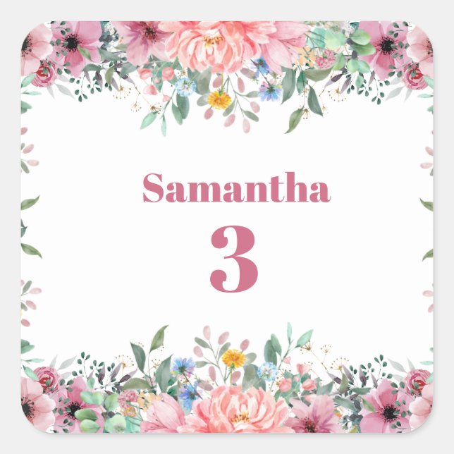 Samantha Floral Stickers, Watercolor Wildflowers  Square Sticker (Front)