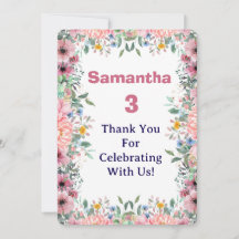 Samantha Floral Thank You Card, 3rd Birthday 