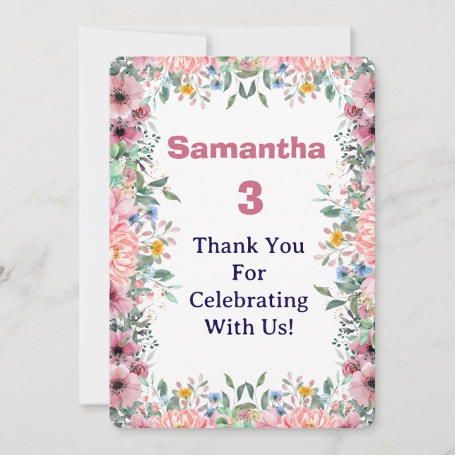 Samantha Floral Thank You Card, 3rd Birthday  (Front)