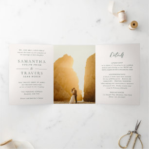 Samantha Forest Green Traditional Elegant Wedding Tri-Fold Invitation