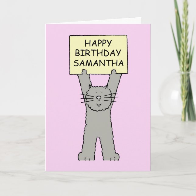 Samantha Happy Birthday Cartoon Cat Card (Front)