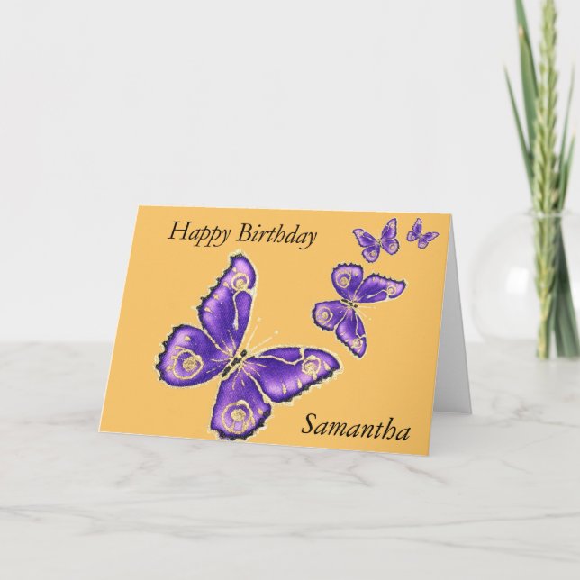 Samantha, Happy Birthday purple butterfly card (Front)