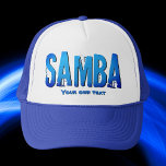 Samba brasileiro do Brasil dance music T-Shirt Trucker Hat<br><div class="desc">Hat for Samba enthusiasts, dancers or musicians featuring a vibrant neon blue script Samba .
The hat offers a customisable text option, allowing for the addition of a Samba style, personal / team name, or any desired slogan. Alternatively, it can be deleted if not wanted.</div>