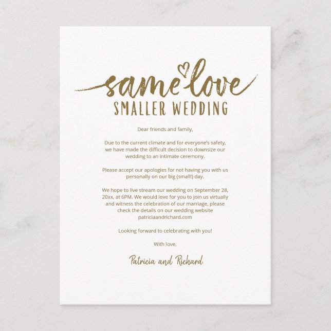 Same Love Cute Heart Downsize Wedding Postcard (Front)