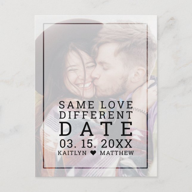 Same Love Different Date Faded Photo Typography Announcement Postcard (Front)