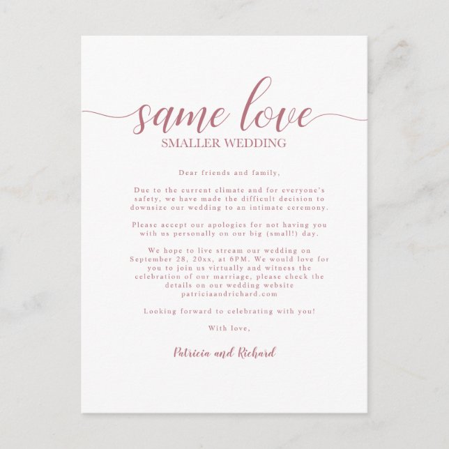 Same Love Downsize Wedding Rose Gold Postcard (Front)