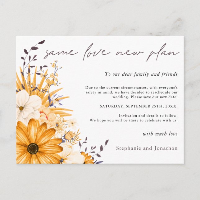 Same Love New Plan Date Yellow Grey Floral Wedding Announcement Postcard (Front)