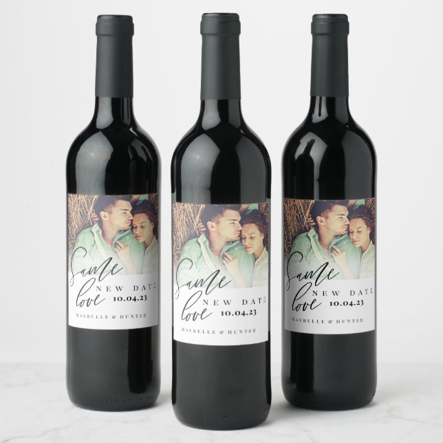 Same Love New Wedding Date Calligraphy & Photo Wine Label (Bottles)