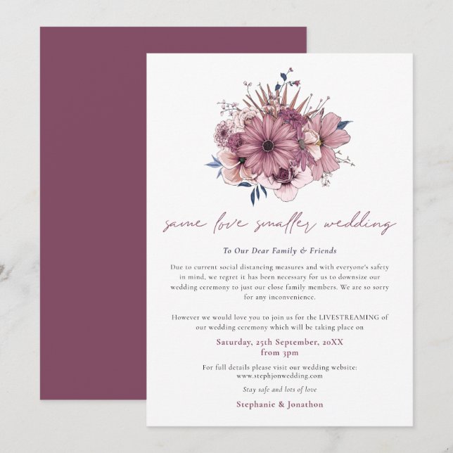 Same Love Smaller Wedding Downsize Pink Florals Announcement (Front/Back)