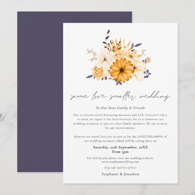 Same Love Smaller Wedding Downsize Script Florals Announcement (Front/Back)