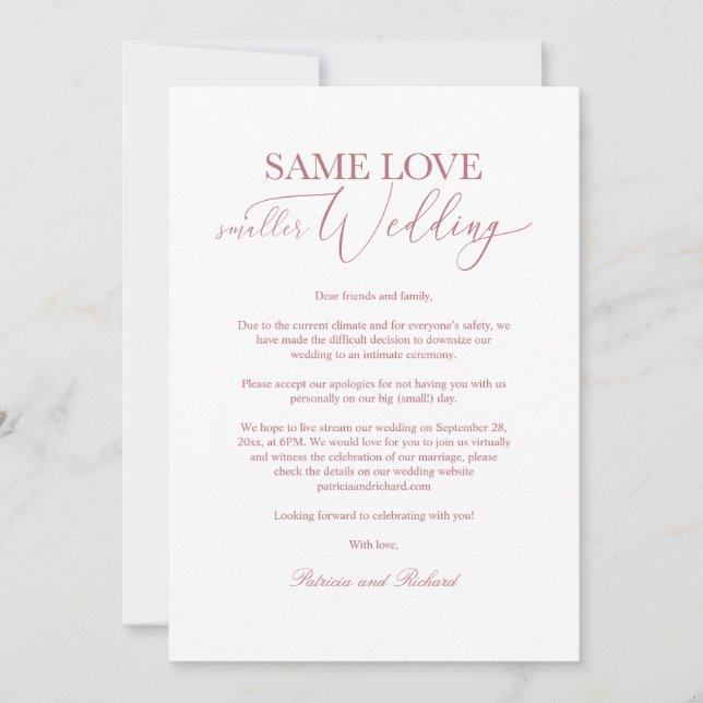 Same Love Smaller Wedding Downsize Wedding Elegant Invitation (Front)