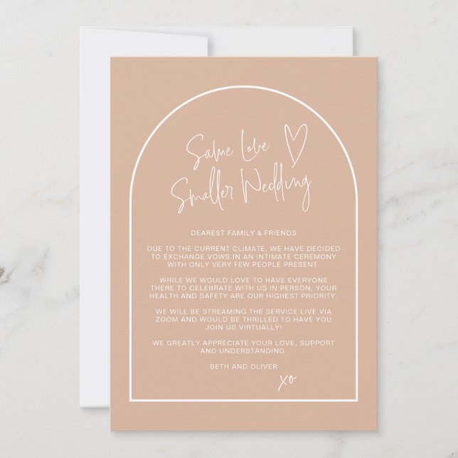 Same Love Smaller Wedding Downsized Blush Arch Announcement (Front)