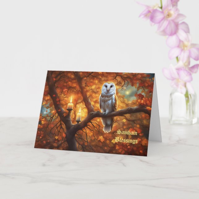 Samhain Blessings with Owl Autumn Leaves Mystic Card (Orchid)