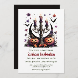 Samhain Moon Bats & Pumpkins Fall Halloween Party Invitation