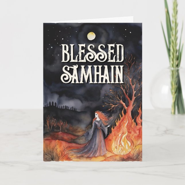 Samhain Night Fall Forest Pagan Bonfire Halloween Card (Front)