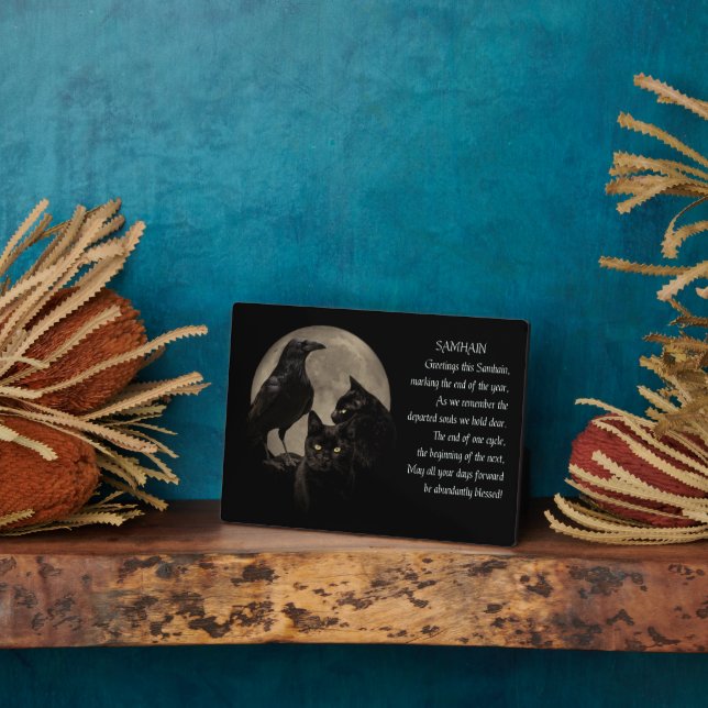 Samhain Pagan Holiday Black Cats and Ravens Poem Plaque (Side)