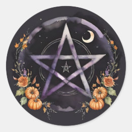 Samhain Pentacle & Fall Pumpkins Witch Classic Round Sticker