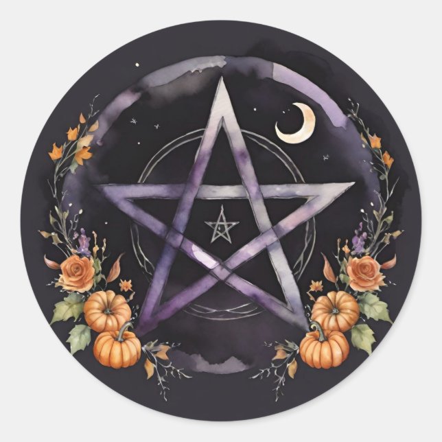 Samhain Pentacle & Fall Pumpkins Witch Classic Round Sticker (Front)