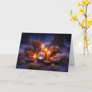 Samhain with Candles Crystal Fall Foliage Flowers Card
