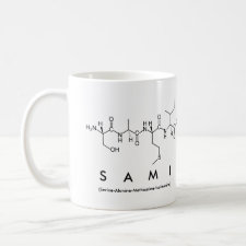 Mug featuring the name Sami spelled out in the single letter amino acid code