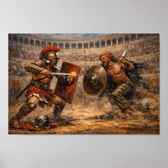 Samnite vs Gaul Gladiator Battle Acrylic Painting  Poster (Front)