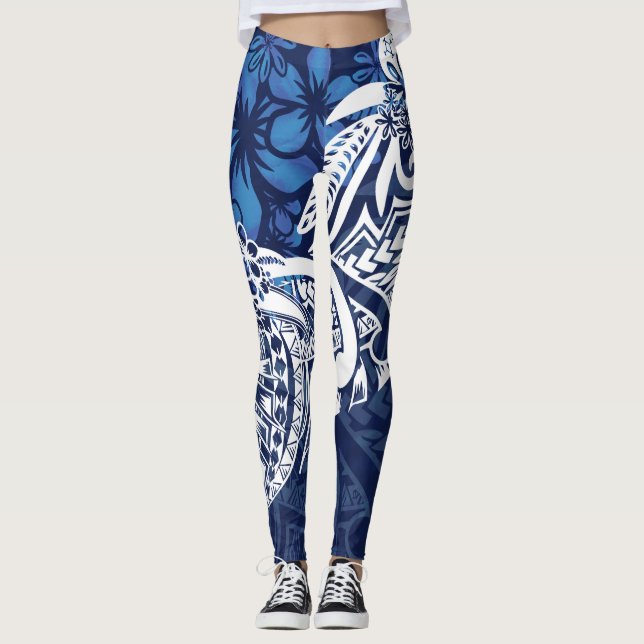 Samoan - Hawaiian - Polynesian Blue Tribal Print Leggings (Front)