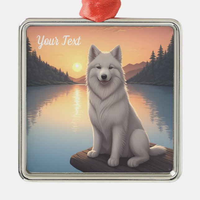 Samoyed by Lake Metal Tree Decoration (Front)