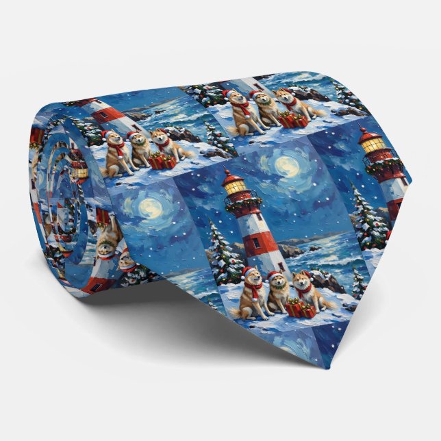 Samoyed Christmas Lighthouse Holiday Tie (Rolled)