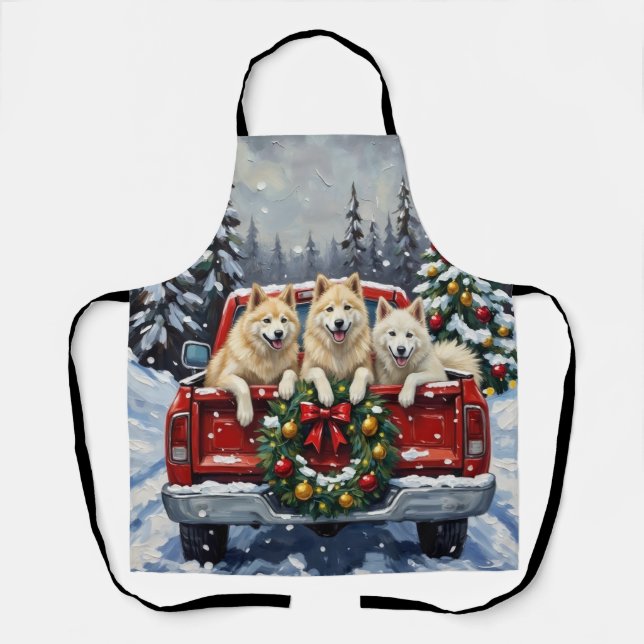 Samoyed Christmas Red Truck Holiday Apron (Front)