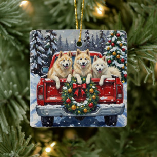 Samoyed Christmas Red Truck Holiday Ceramic Ornament