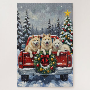 Samoyed Christmas Red Truck Holiday Jigsaw Puzzle