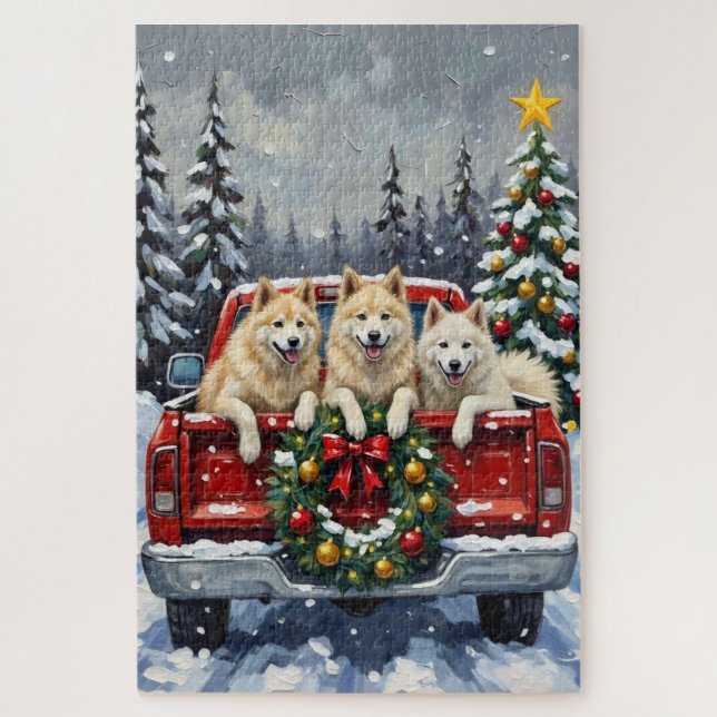 Samoyed Christmas Red Truck Holiday Jigsaw Puzzle (Vertical)