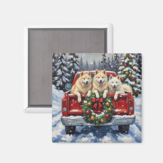 Samoyed Christmas Red Truck Holiday Magnet (Front/Back)