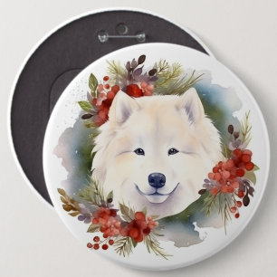 Samoyed Christmas Wreath Festive Pup 6 Cm Round Badge