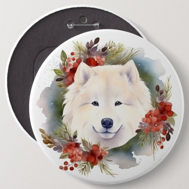 Samoyed Christmas Wreath Festive Pup  6 Cm Round Badge (Front & Back)