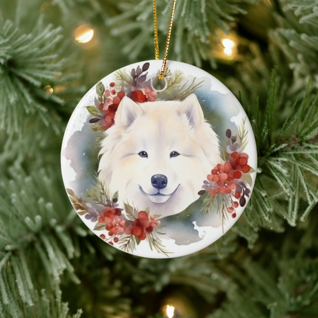 Samoyed Christmas Wreath Festive Pup  Ceramic Tree Decoration (Tree)