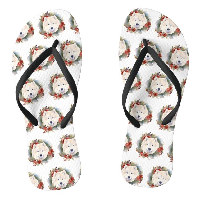 Samoyed Christmas Wreath Festive Pup  Flip Flops (Footbed)