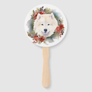 Samoyed Christmas Wreath Festive Pup  Hand Fan